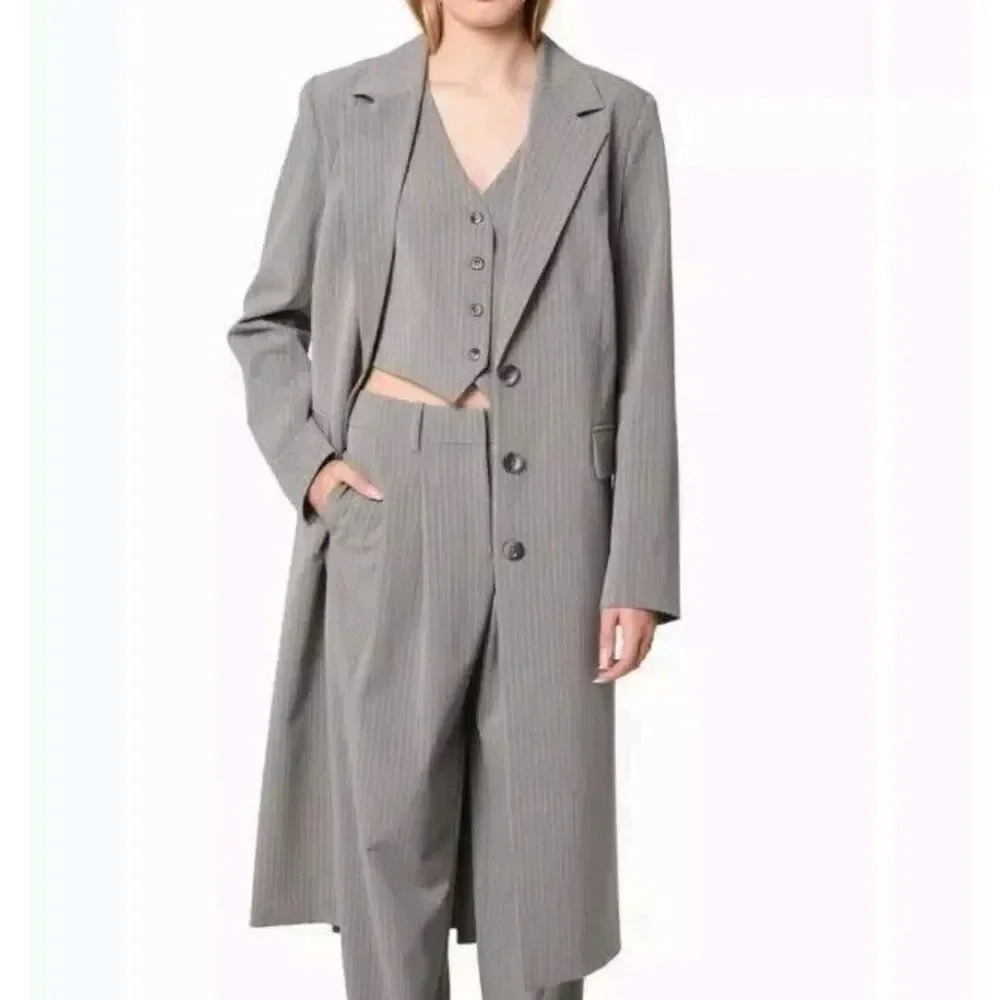 New WAYF Women's Gray Polyester Pinstripe Collared Icon Long Coat Size XL